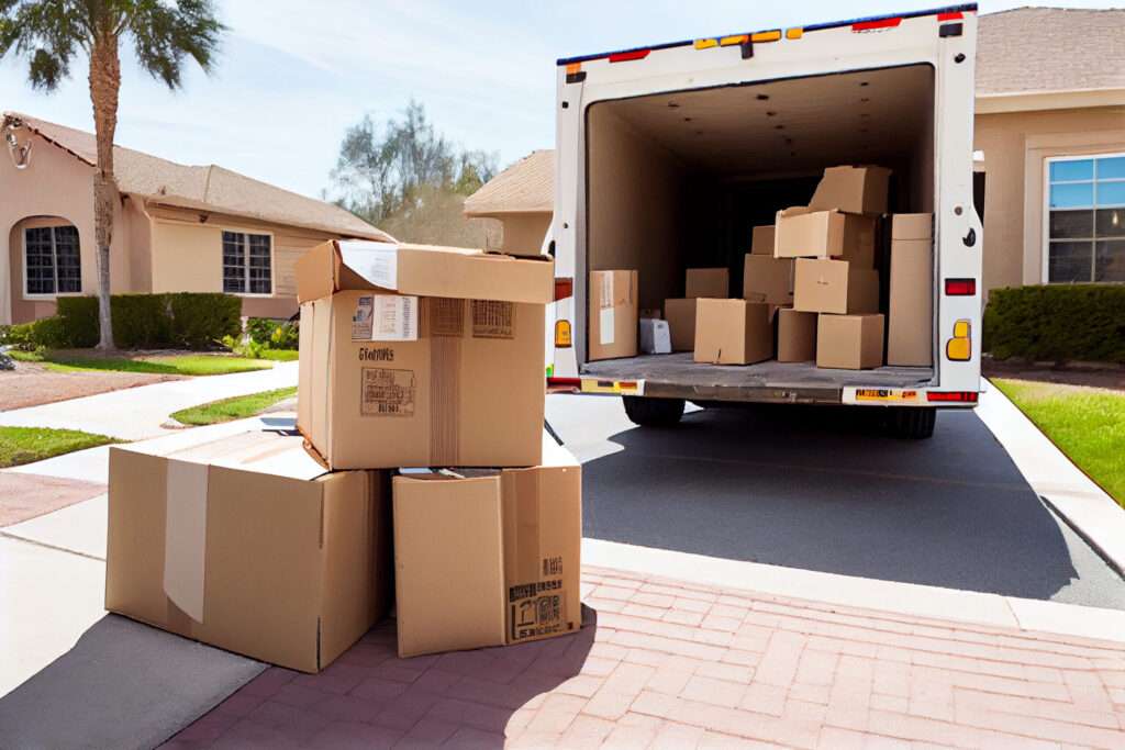 A moving truck is parked on the side of a building